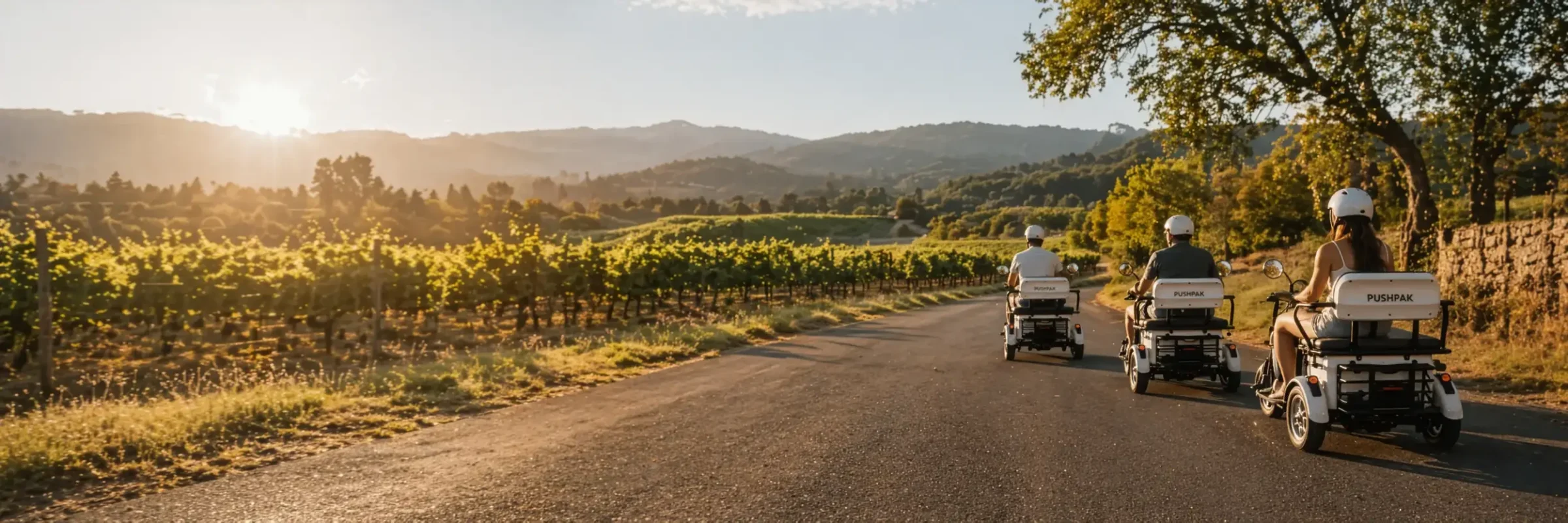 Three riders on Pushpak electric trikes on a vineyard road in Sonoma at golden hour